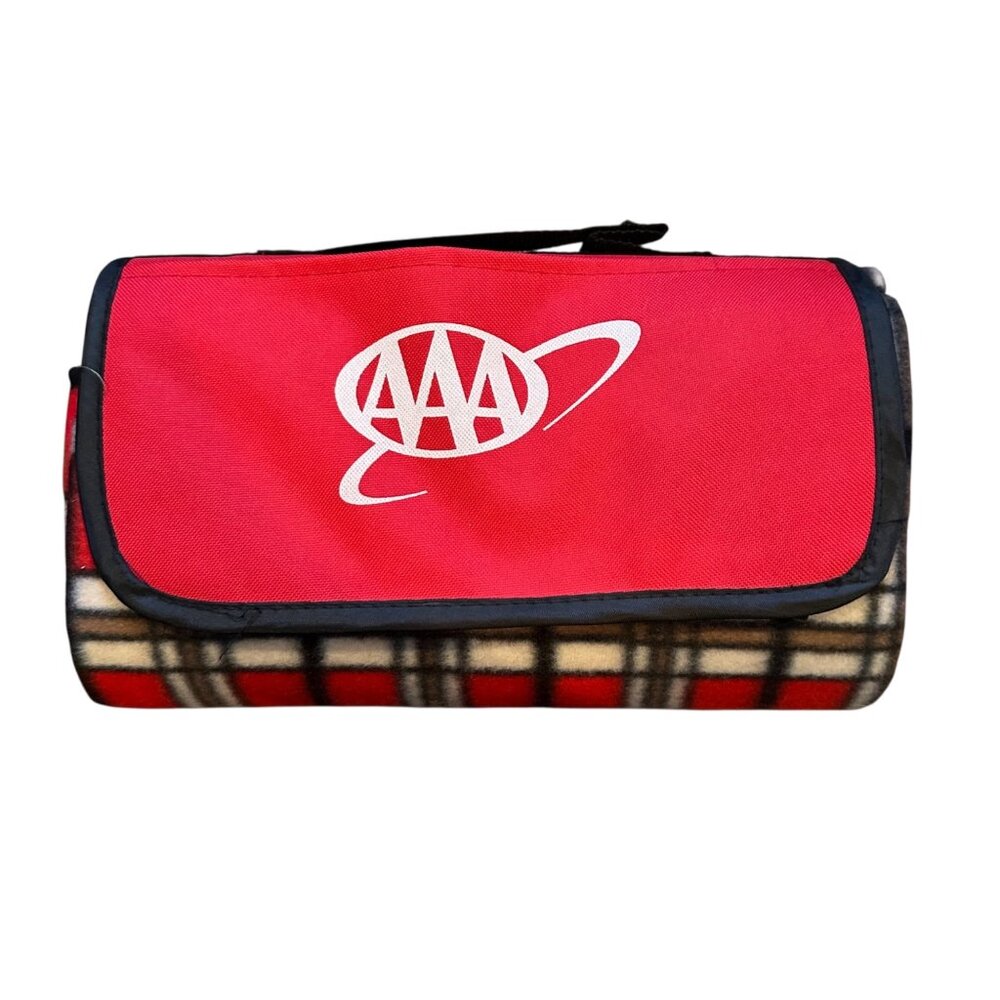 AAA Red Plaid Picnic Blanket Waterproof Backing Carry Handle Vintage NOS Promo
